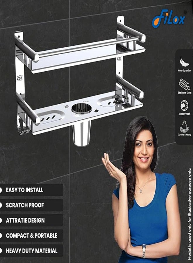 Filox رف تخزين للحمام من الفولاذ المقاوم للصدأ من فيلوكس | حامل جداري من طبقتين | منظم رفوف مع حامل فرشاة أسنان | إكسسوارات حمام متعددة الأغراض، - Image 4